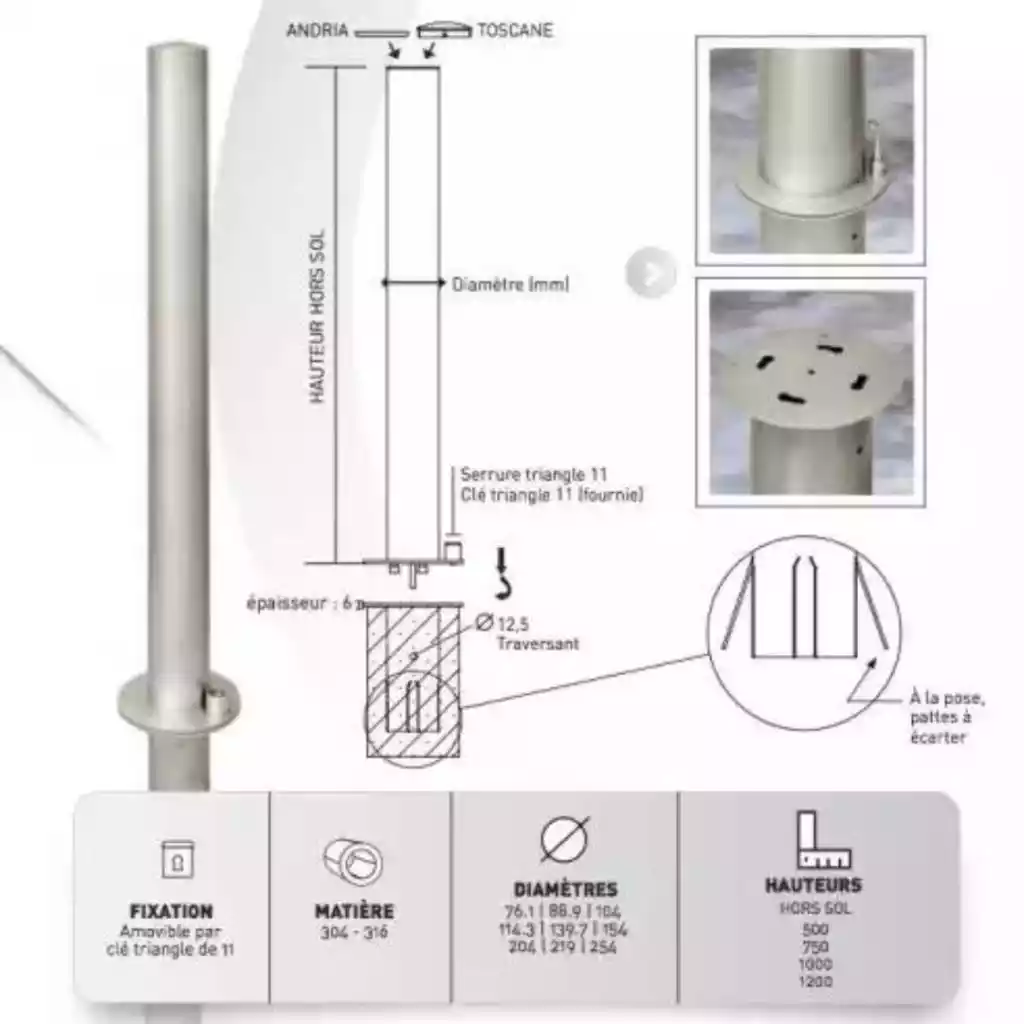 Borne inox 316L AMOVIBLE par clé Triangle Tete bombée Hauteur 500 Diamètre 139.7 