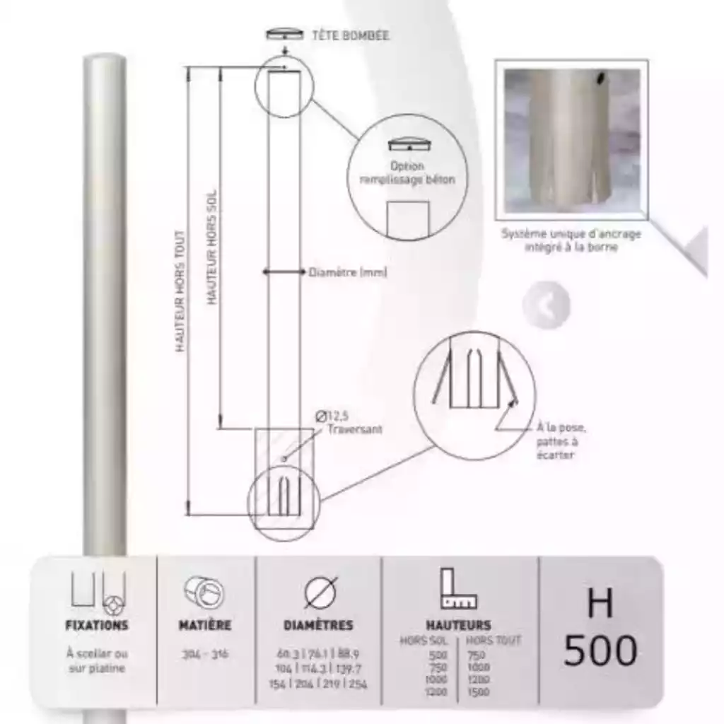 Borne à sceller INOX diamètre 114,3 tête Ronde hauteur 1000