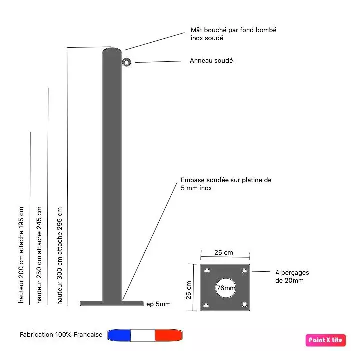 Hauteur 200 cm Mât en inox avec platine 