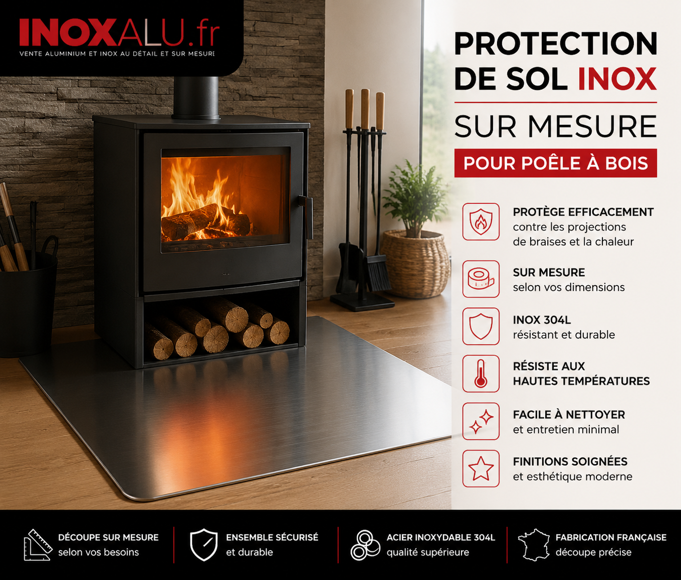 Protection de sol inox 2mm épaisseur sur mesure pour poêle à bois 
